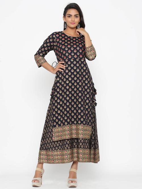 gold print layered ethnic dress - 17295941 - Very Small Image - 1