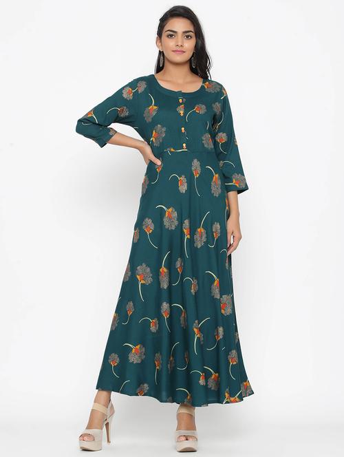 foil print flared ethnic dress - 17295942 - Very Small Image - 1