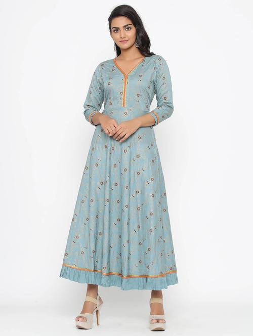 gold print flared ethnic dress - 17295943 - Very Small Image - 1