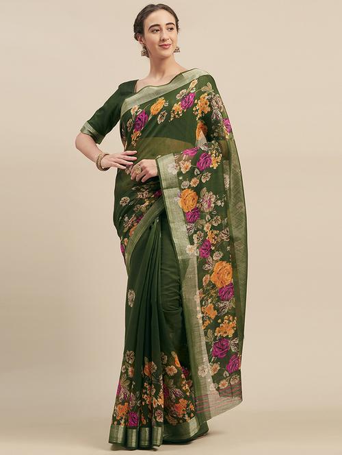 women's floral green colored saree with blouse - 17299438 - Very Small Image - 1