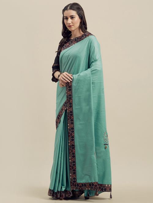women's bordered sea green colored saree with blouse - 17299447 - Very Small Image - 1
