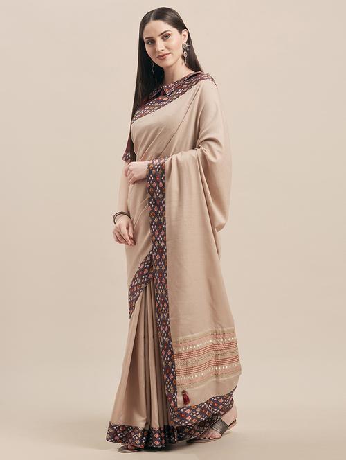 women's bordered beige colored saree with blouse - 17299448 - Very Small Image - 1