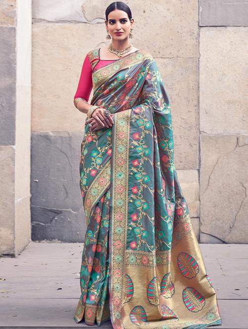 embroidered banarasi saree with blouse - 17299641 - Very Small Image - 1
