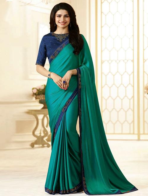 green silk plain saree with blouse - 17299934 - Very Small Image - 1
