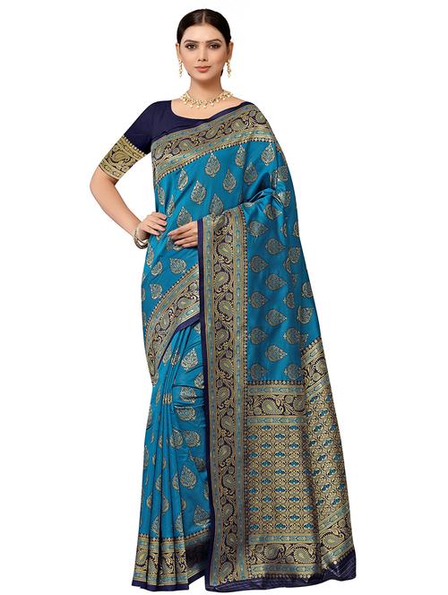 turquoise art silk banarasi saree with blouse - 17326749 - Very Small Image - 1