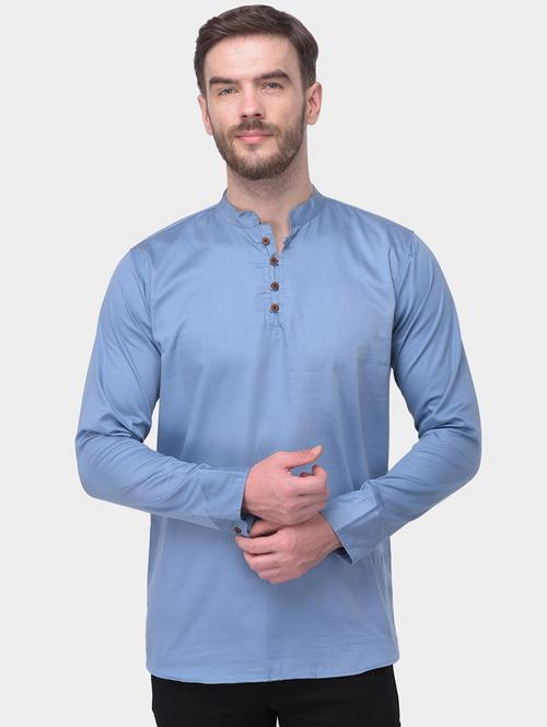blue solid dupion short kurta - 17334080 - Very Small Image - 1