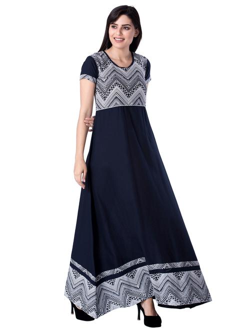 navy blue round neck printed a-line dress - 17336442 - Very Small Image - 1