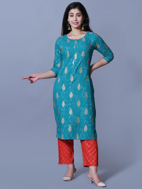 turquoise rayon kurta pant  set - 17336563 - Very Small Image - 1
