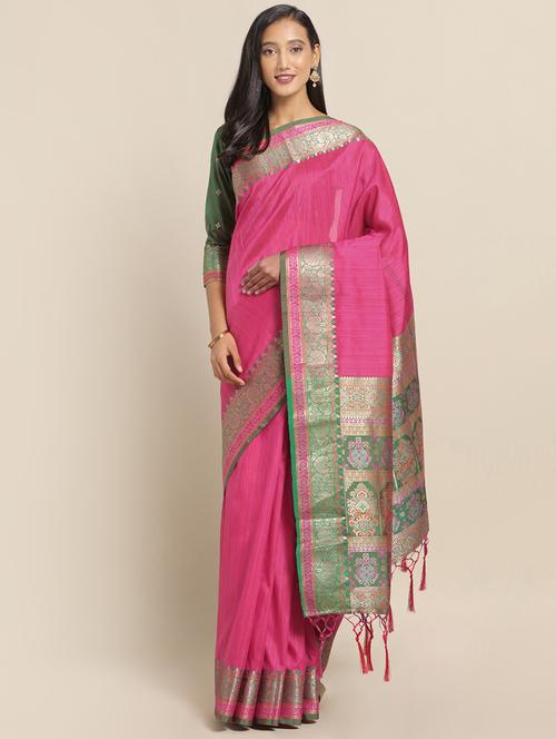 solid bordered banarasi saree with blouse - 17342337 - Very Small Image - 1