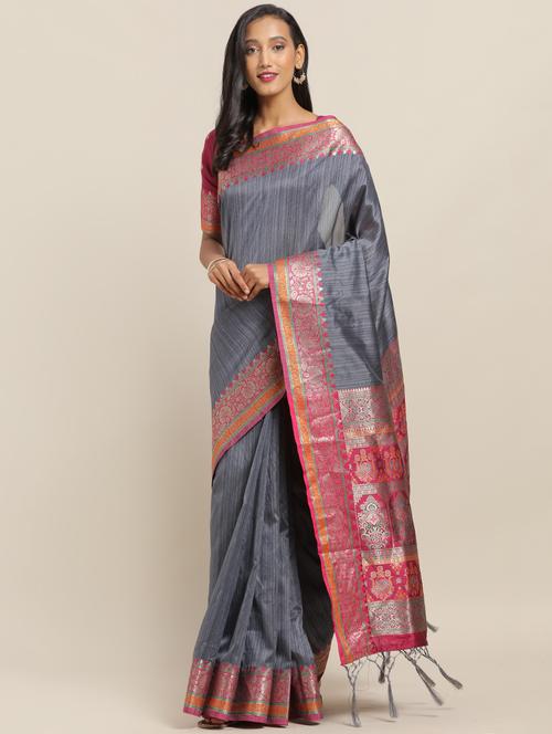 solid bordered banarasi saree with blouse - 17342338 - Very Small Image - 1
