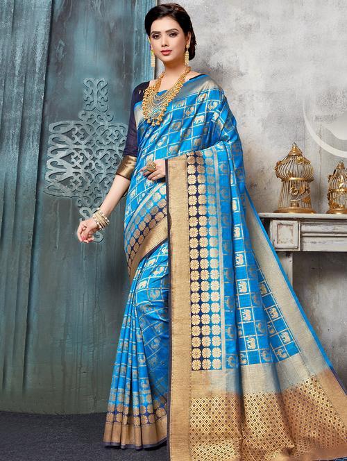 women's self design turquoise colored saree with blouse - 17347374 - Very Small Image - 1