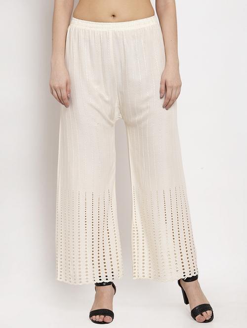 off-white mid rise schiffli work flared palazzo - 17351401 - Very Small Image - 1