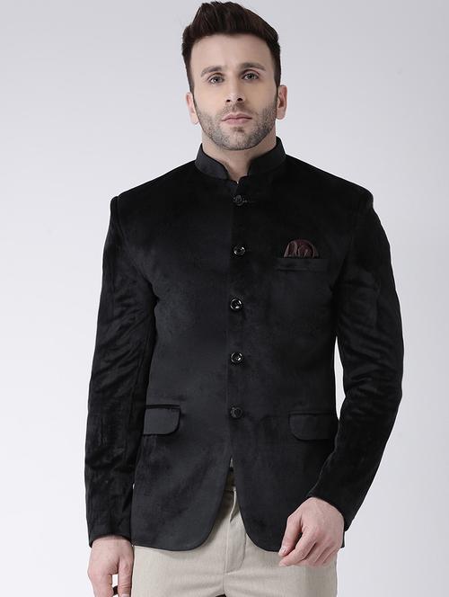 black solid velvet bandhgala casual blazer - 17351446 - Very Small Image - 1