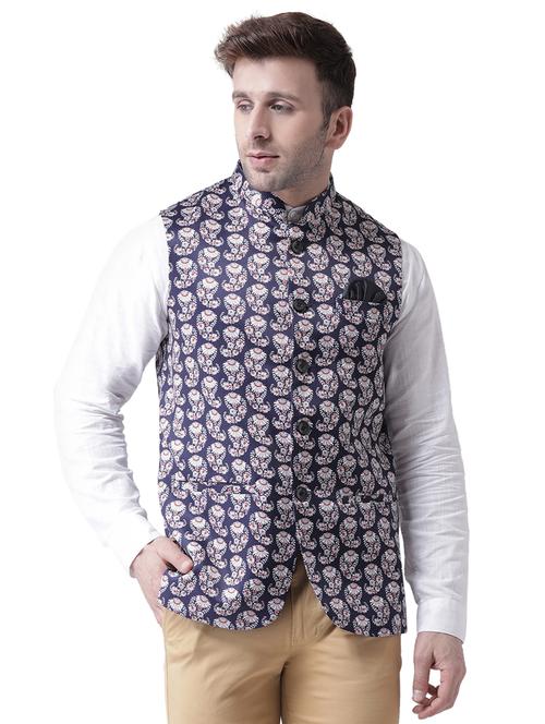 navy blue printed nehru jacket - 17351731 - Very Small Image - 1