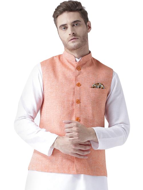 peach solid linen nehru jacket - 17351809 - Very Small Image - 1