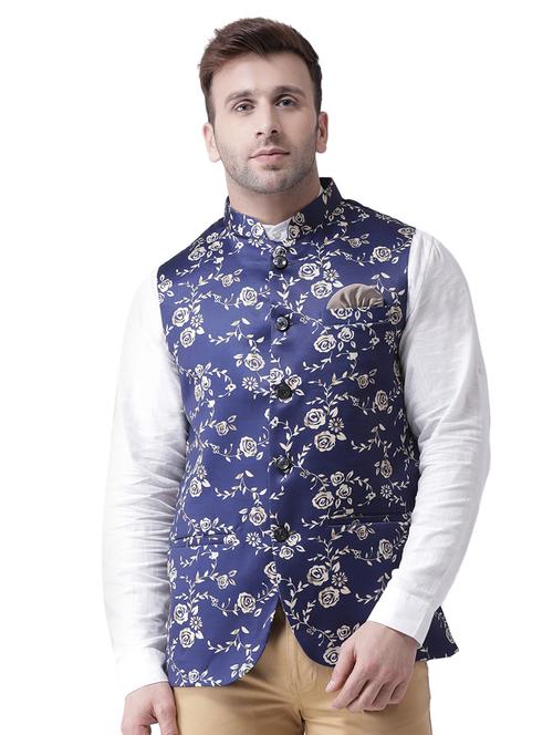 navy blue floral print nehru jacket - 17351856 - Very Small Image - 1