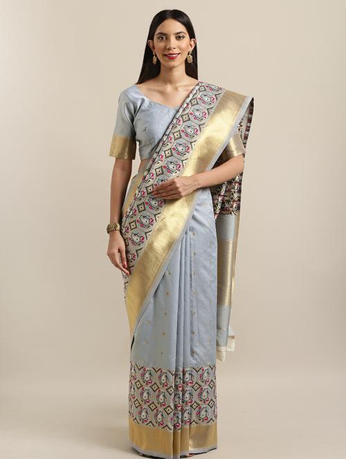 women's self design grey colored saree with blouse - 17353329 - Very Small Image - 1