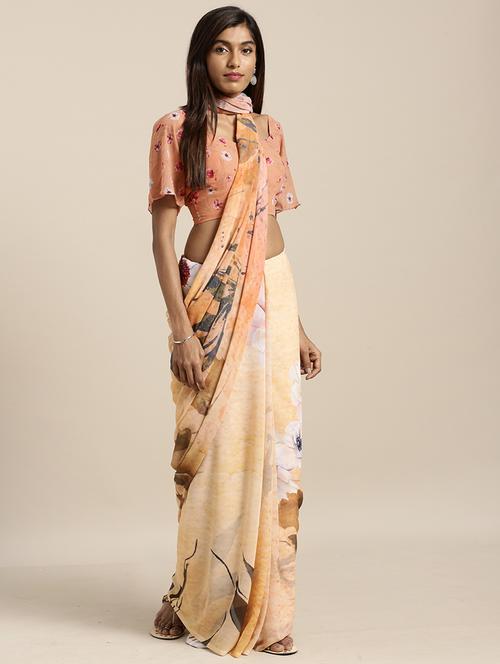 women's floral beige colored saree with blouse - 17353341 - Very Small Image - 1