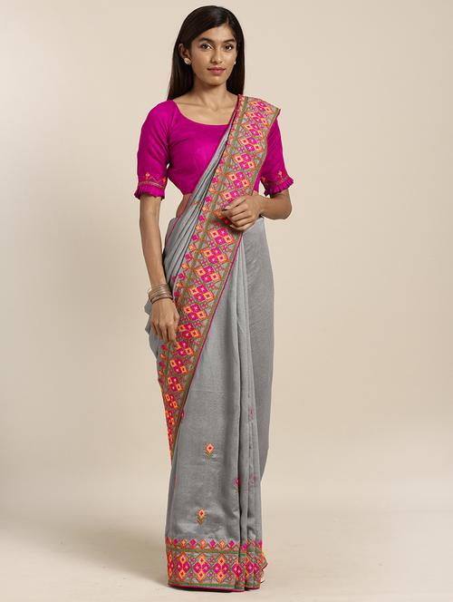 solid embroidered saree with blouse - 17353380 - Very Small Image - 1