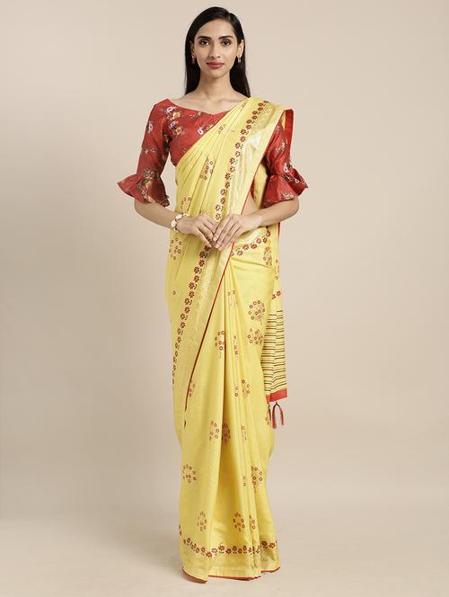 women's floral yellow colored saree with blouse - 17353385 - Very Small Image - 1
