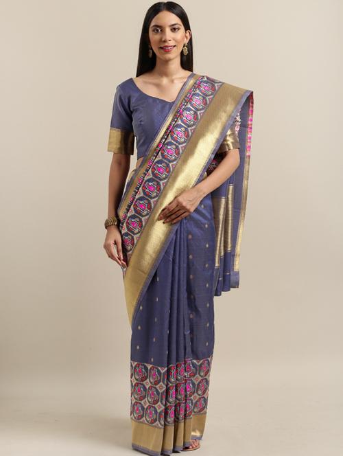 women's self design indigo colored saree with blouse - 17353407 - Very Small Image - 1