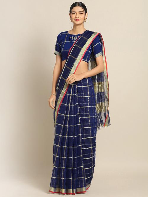 navy cotton silk woven saree with blouse - 17353423 - Very Small Image - 1