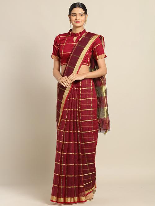 burgundy cotton silk woven saree with blouse - 17353424 - Very Small Image - 1