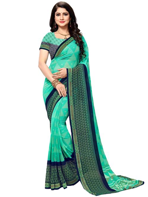 turquoise printed saree with blouse - 17354720 - Very Small Image - 1