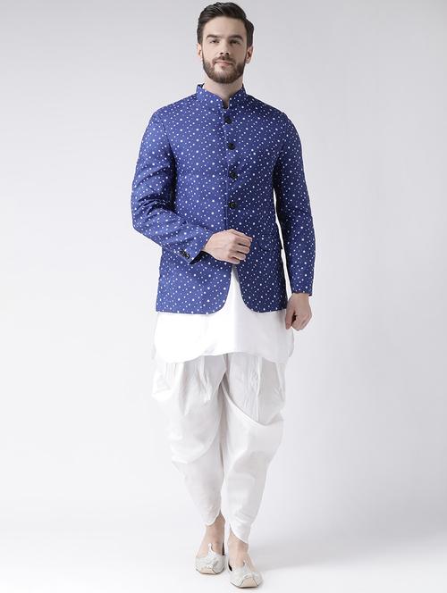 white solid dhoti kurta set with printed bandhgala jacket - 17356754 - Very Small Image - 1