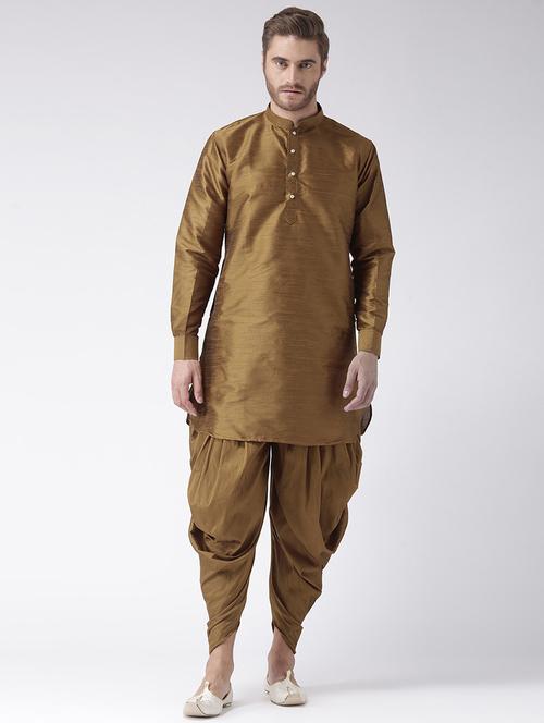 brown solid dupion dhoti kurta set - 17356799 - Very Small Image - 1