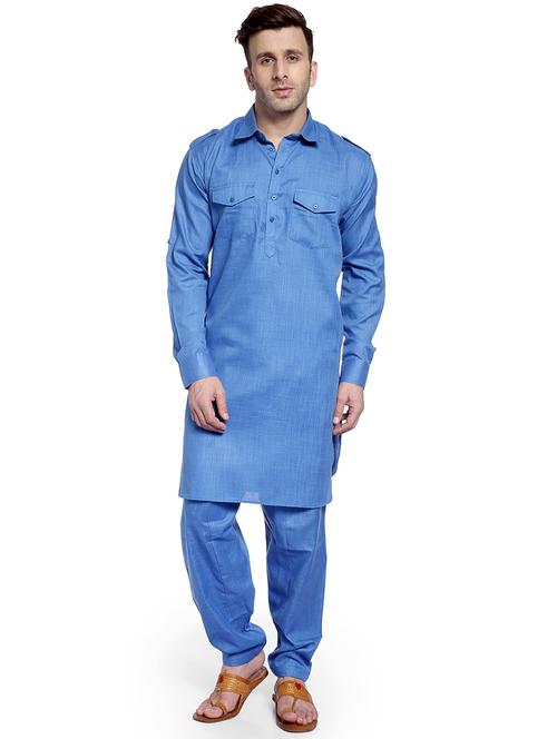 blue solid pathani kurta - 17357088 - Very Small Image - 1