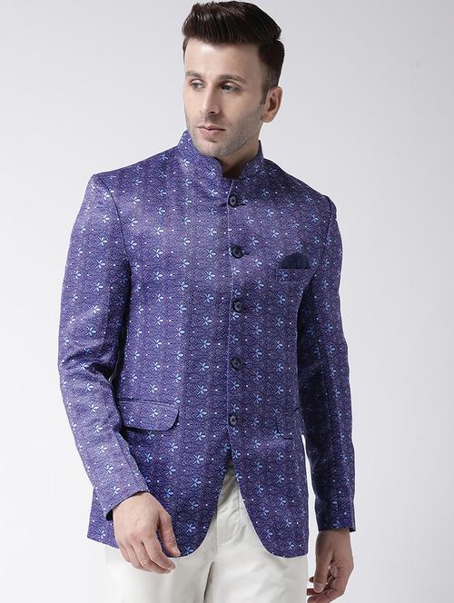 blue printed bandhgala casual blazer - 17357795 - Very Small Image - 1