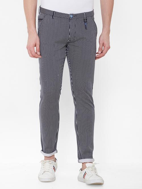 navy blue striped flat front casual trouser - 17363066 - Very Small Image - 1