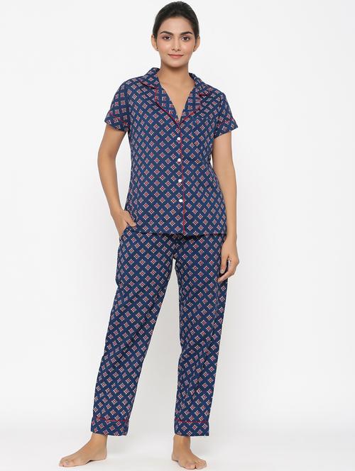 lapel neck printed nightwear set  - 17370286 - Very Small Image - 1