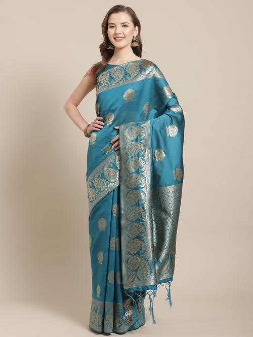 teal banarasi saree with blouse - 17372329 - Very Small Image - 1