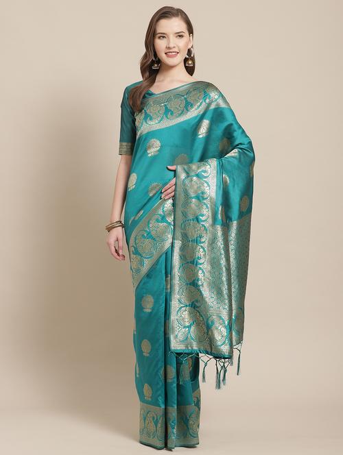 turquoise banarasi saree with blouse - 17372333 - Very Small Image - 1