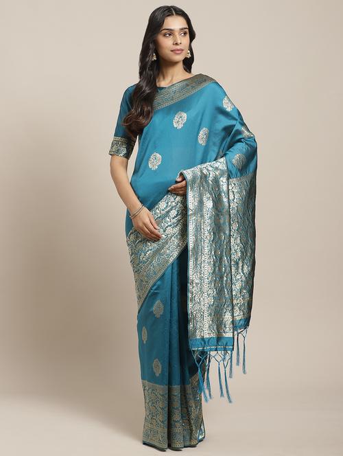turquoise banarasi saree with blouse - 17372338 - Very Small Image - 1