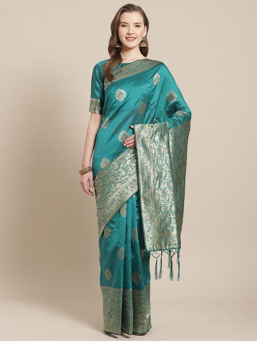 turquoise banarasi saree with blouse - 17372341 - Very Small Image - 1