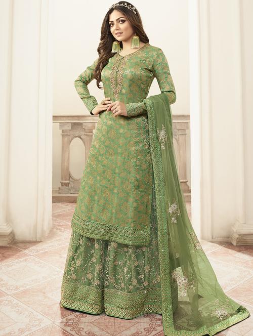 green self designed embroidered semi-stitched sharara suit set - 17372875 - Very Small Image - 1