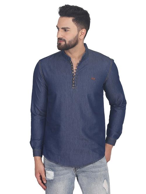blue solid denim short kurta - 17374389 - Very Small Image - 1