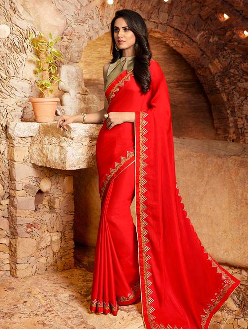 women's bordered red colored saree with blouse - 17374591 - Very Small Image - 1