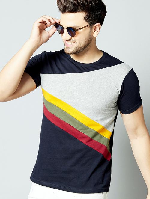 navy blue color block cut & sew t-shirt - 17383293 - Very Small Image - 1