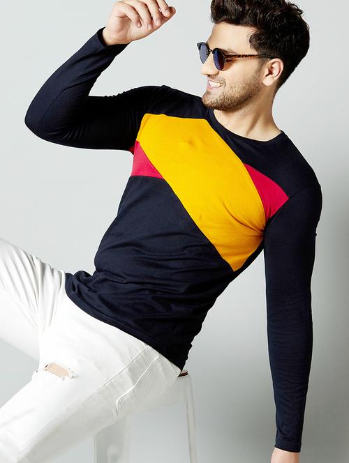 navy blue color block cut & sew t-shirt - 17383311 - Very Small Image - 1