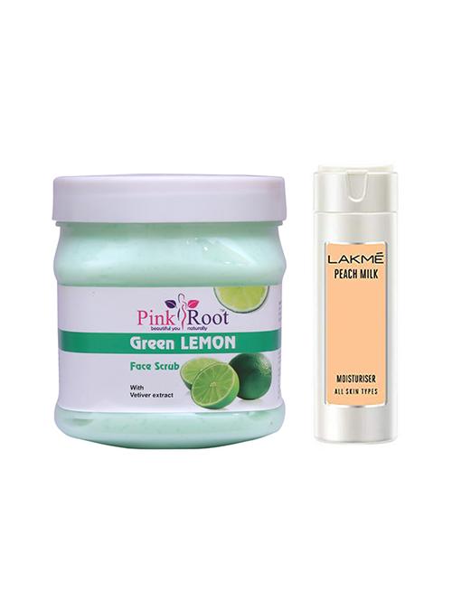 pink root green lemon scrub with lakme peach milk moisturiser lotion - 17385974 - Very Small Image - 1