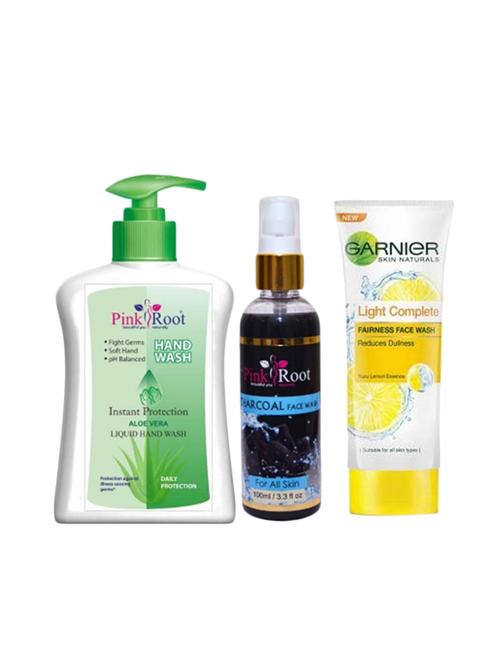 pink root aloe vera hand wash 200ml, charcoal face wash 100ml with garnier light complete fairness face wash - 17387408 - Very Small Image - 1