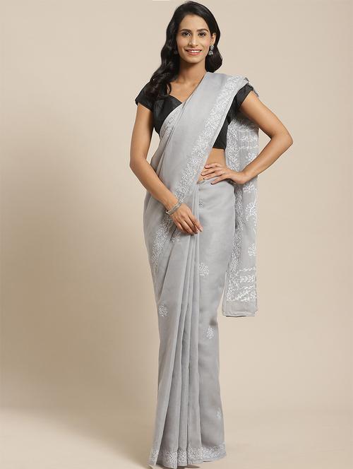 solid chikankari saree with blouse - 17391489 - Very Small Image - 1