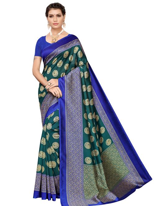 teal printed saree with blouse - 17394527 - Very Small Image - 1