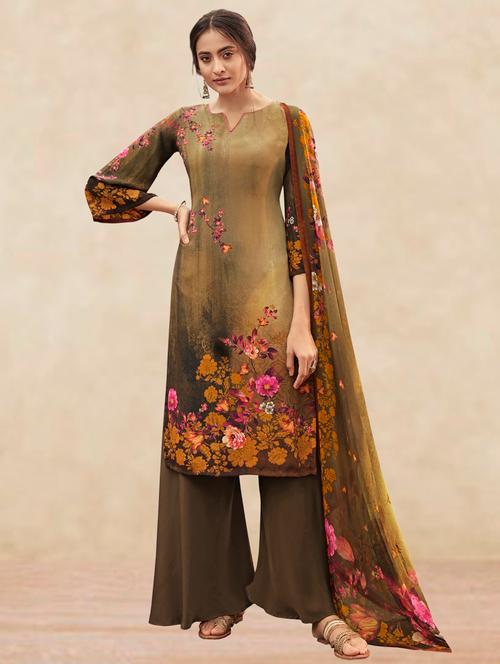 brown crepe unstitched suit - 17394691 - Very Small Image - 1