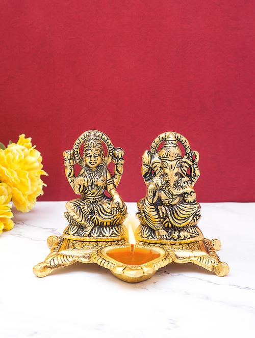 gold-toned lord lakshmi & ganesha decorative diya showpiece - 17397762 - Very Small Image - 1