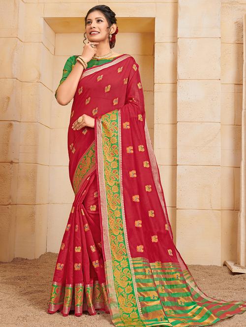women's self design red colored saree with blouse - 17397769 - Very Small Image - 1